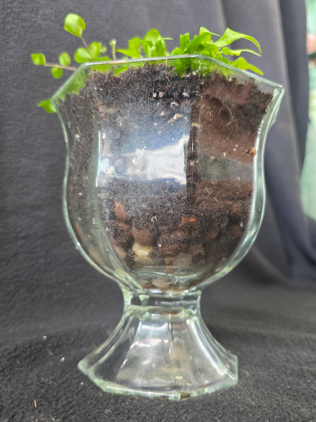 Glass footed urn showing layered drainage stones through transparent glass, side view